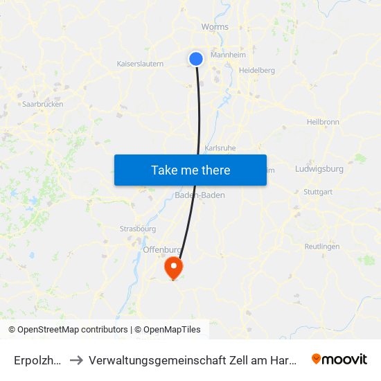 Erpolzheim to Verwaltungsgemeinschaft Zell am Harmersbach map