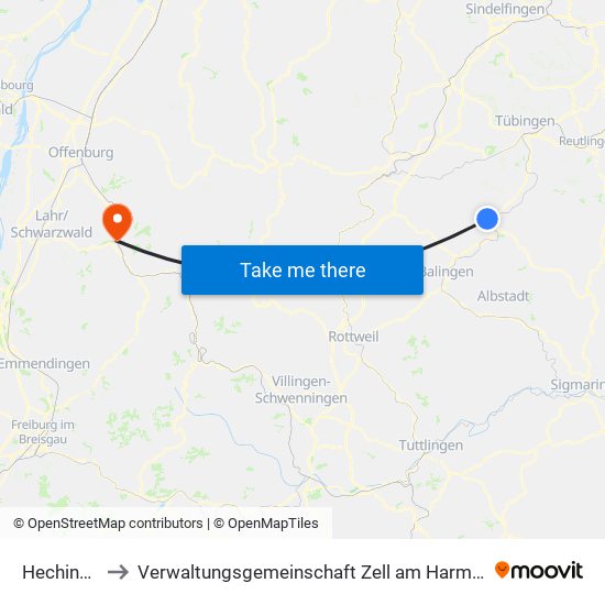 Hechingen to Verwaltungsgemeinschaft Zell am Harmersbach map