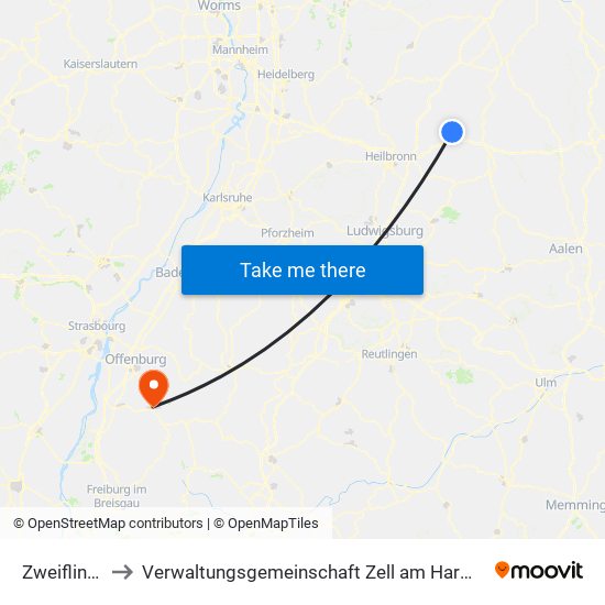 Zweiflingen to Verwaltungsgemeinschaft Zell am Harmersbach map