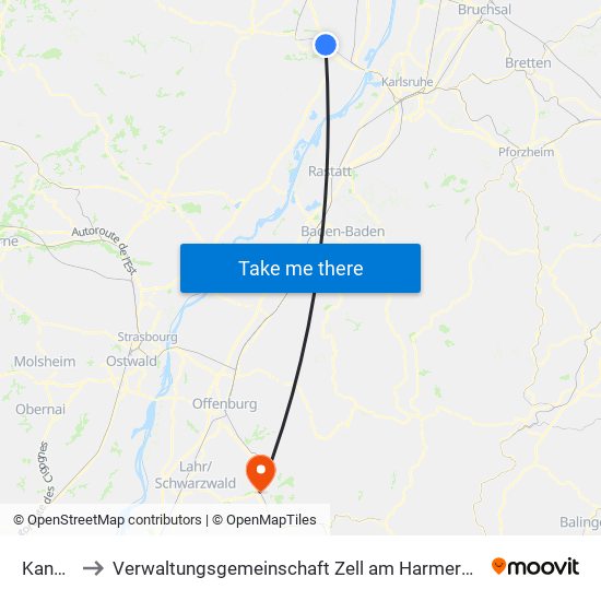 Kandel to Verwaltungsgemeinschaft Zell am Harmersbach map