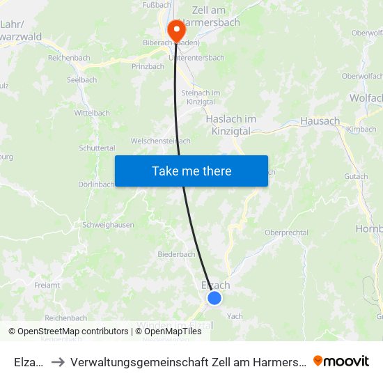 Elzach to Verwaltungsgemeinschaft Zell am Harmersbach map