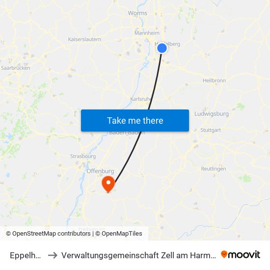 Eppelheim to Verwaltungsgemeinschaft Zell am Harmersbach map