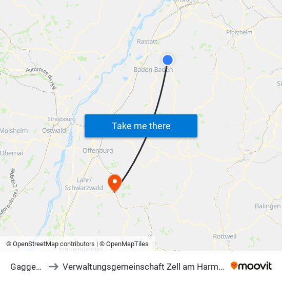 Gaggenau to Verwaltungsgemeinschaft Zell am Harmersbach map