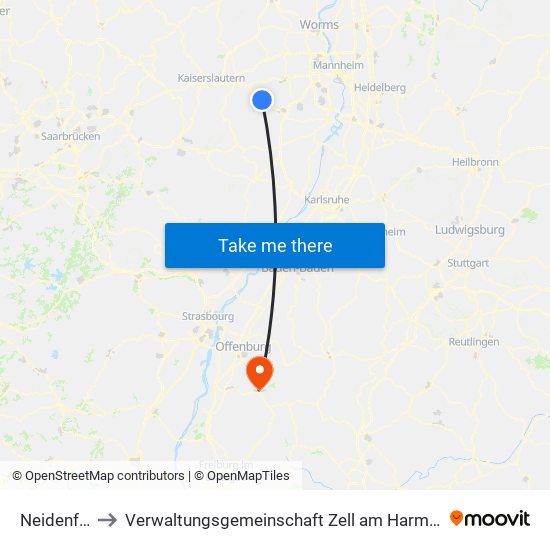 Neidenfels to Verwaltungsgemeinschaft Zell am Harmersbach map