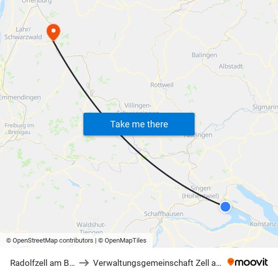 Radolfzell am Bodensee to Verwaltungsgemeinschaft Zell am Harmersbach map