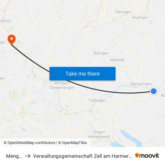 Mengen to Verwaltungsgemeinschaft Zell am Harmersbach map