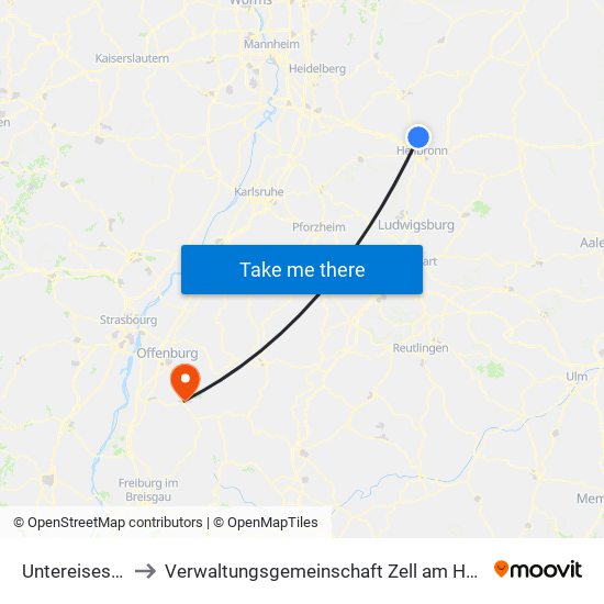 Untereisesheim to Verwaltungsgemeinschaft Zell am Harmersbach map