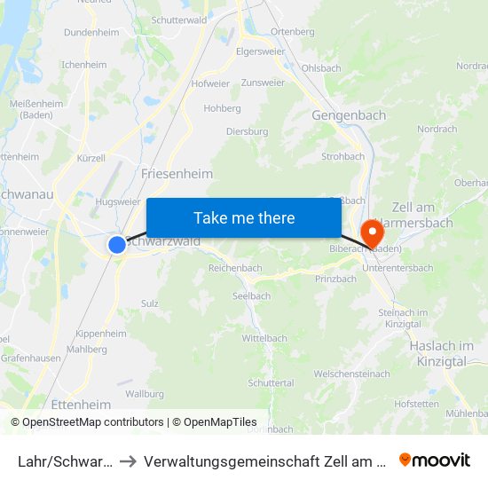 Lahr/Schwarzwald to Verwaltungsgemeinschaft Zell am Harmersbach map