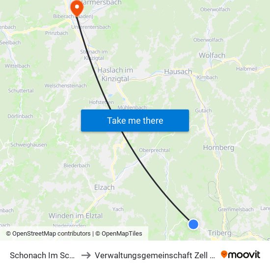 Schonach Im Schwarzwald to Verwaltungsgemeinschaft Zell am Harmersbach map