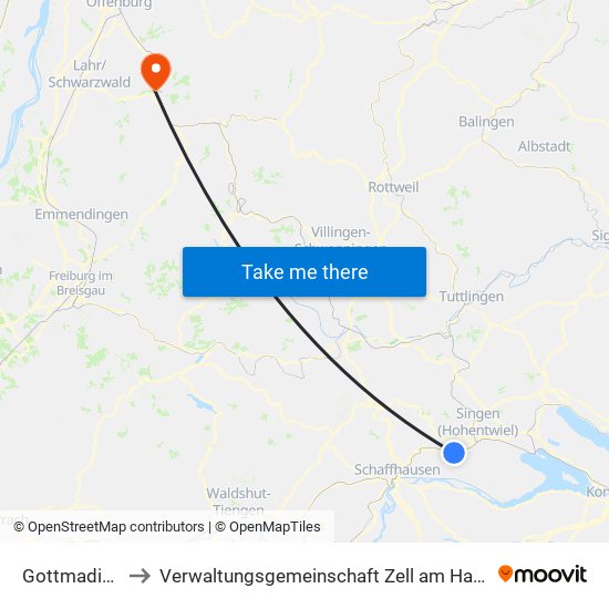 Gottmadingen to Verwaltungsgemeinschaft Zell am Harmersbach map