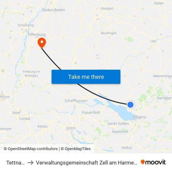 Tettnang to Verwaltungsgemeinschaft Zell am Harmersbach map