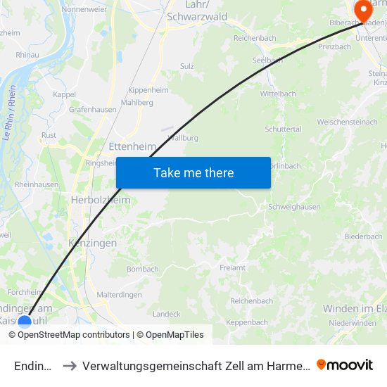 Endingen to Verwaltungsgemeinschaft Zell am Harmersbach map