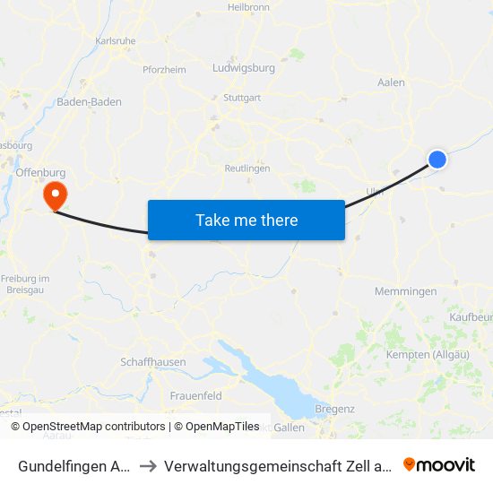 Gundelfingen A.D.Donau to Verwaltungsgemeinschaft Zell am Harmersbach map