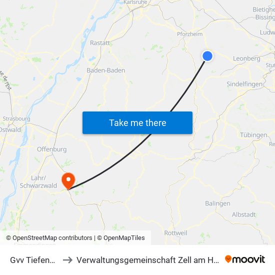 Gvv Tiefenbronn to Verwaltungsgemeinschaft Zell am Harmersbach map