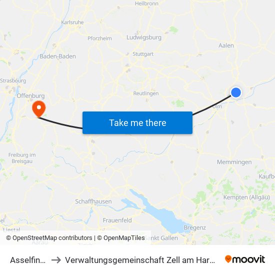 Asselfingen to Verwaltungsgemeinschaft Zell am Harmersbach map