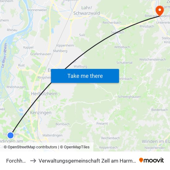 Forchheim to Verwaltungsgemeinschaft Zell am Harmersbach map