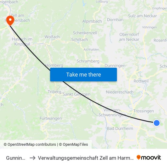 Gunningen to Verwaltungsgemeinschaft Zell am Harmersbach map