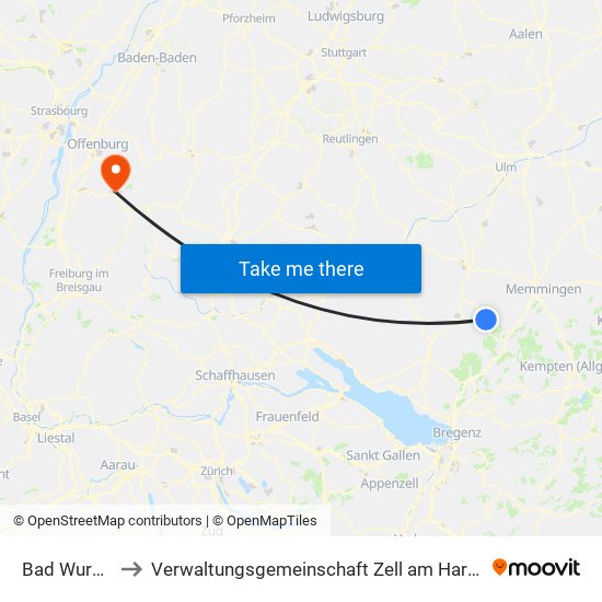 Bad Wurzach to Verwaltungsgemeinschaft Zell am Harmersbach map