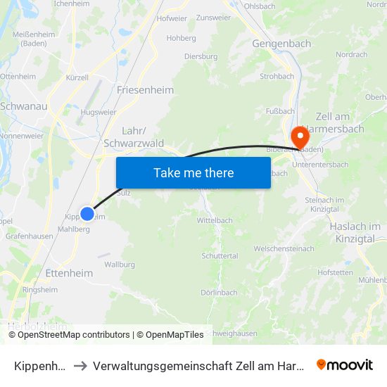 Kippenheim to Verwaltungsgemeinschaft Zell am Harmersbach map