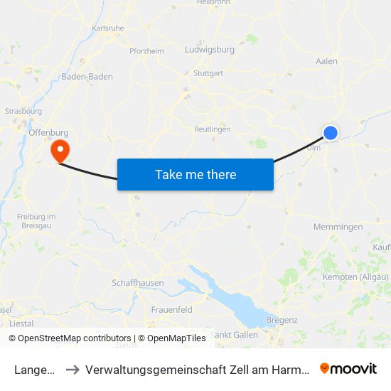 Langenau to Verwaltungsgemeinschaft Zell am Harmersbach map