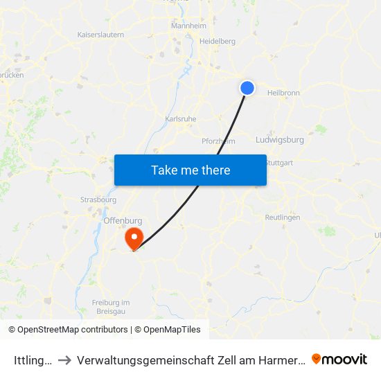 Ittlingen to Verwaltungsgemeinschaft Zell am Harmersbach map