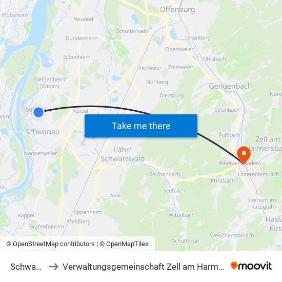 Schwanau to Verwaltungsgemeinschaft Zell am Harmersbach map