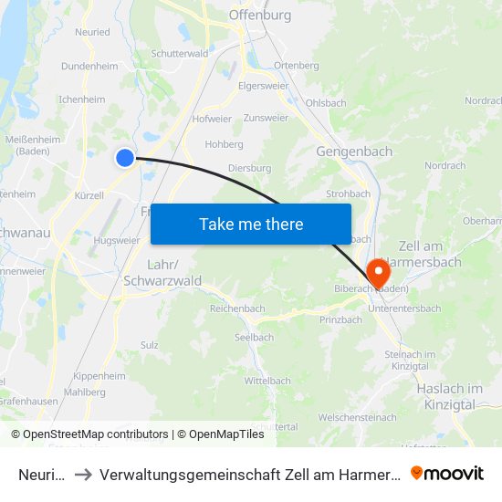 Neuried to Verwaltungsgemeinschaft Zell am Harmersbach map