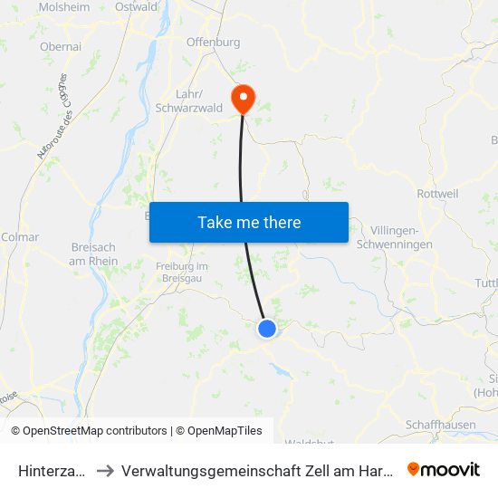 Hinterzarten to Verwaltungsgemeinschaft Zell am Harmersbach map