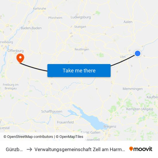 Günzburg to Verwaltungsgemeinschaft Zell am Harmersbach map