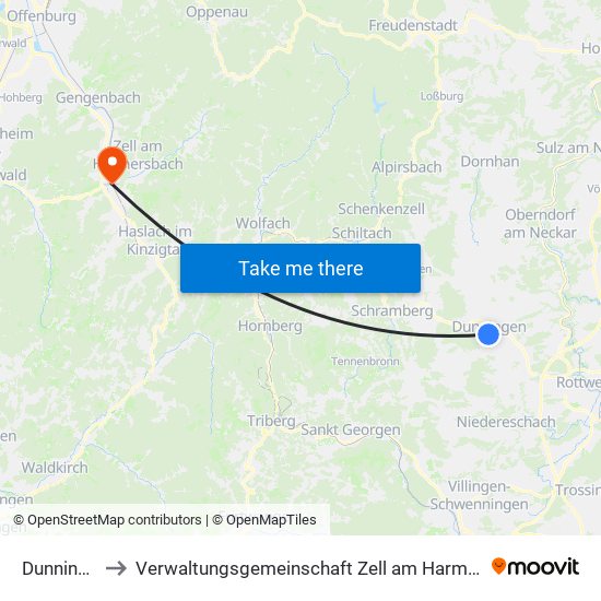 Dunningen to Verwaltungsgemeinschaft Zell am Harmersbach map