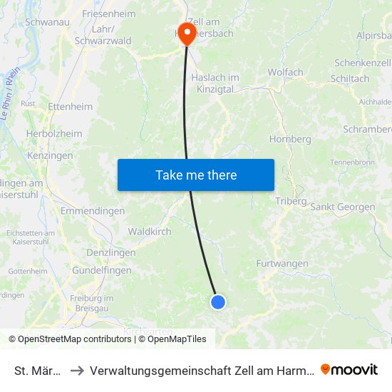 St. Märgen to Verwaltungsgemeinschaft Zell am Harmersbach map