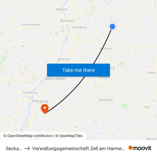 Seckach to Verwaltungsgemeinschaft Zell am Harmersbach map