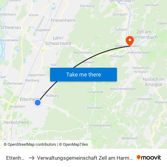 Ettenheim to Verwaltungsgemeinschaft Zell am Harmersbach map