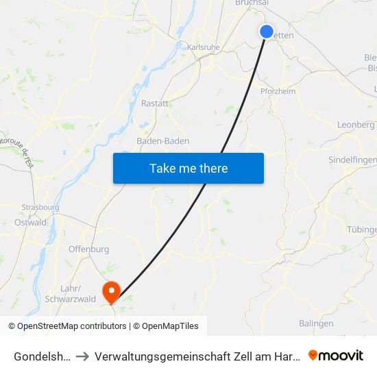 Gondelsheim to Verwaltungsgemeinschaft Zell am Harmersbach map