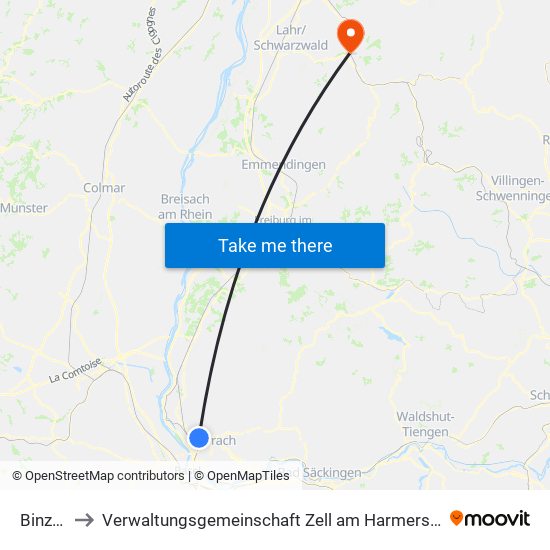 Binzen to Verwaltungsgemeinschaft Zell am Harmersbach map