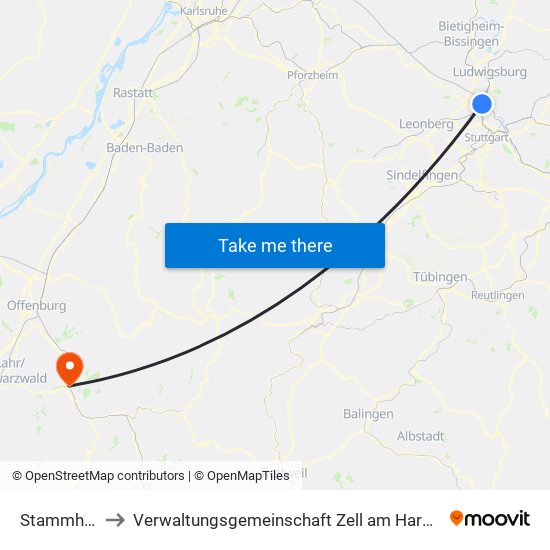 Stammheim to Verwaltungsgemeinschaft Zell am Harmersbach map