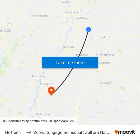 Hoffenheim to Verwaltungsgemeinschaft Zell am Harmersbach map