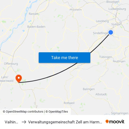 Vaihingen to Verwaltungsgemeinschaft Zell am Harmersbach map