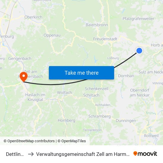 Dettlingen to Verwaltungsgemeinschaft Zell am Harmersbach map
