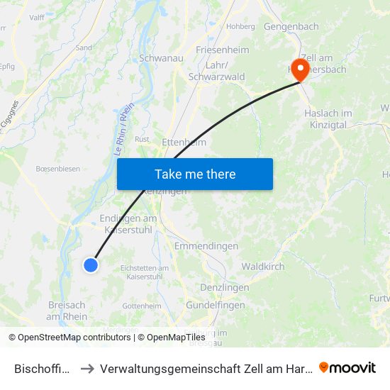 Bischoffingen to Verwaltungsgemeinschaft Zell am Harmersbach map