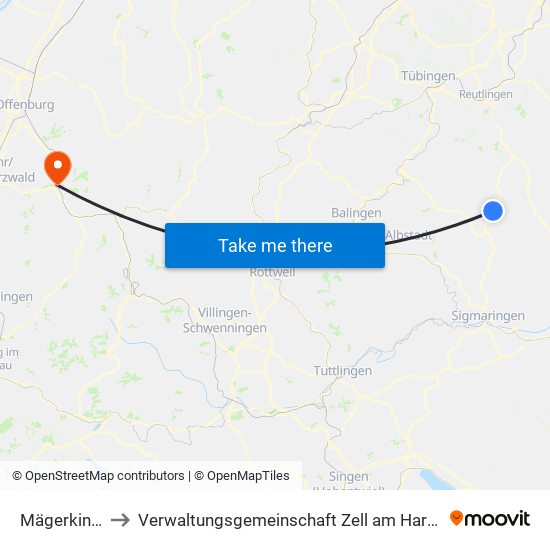 Mägerkingen to Verwaltungsgemeinschaft Zell am Harmersbach map