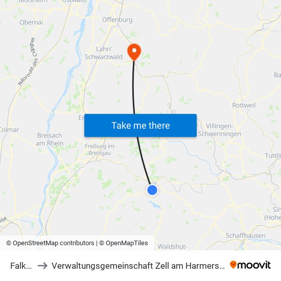 Falkau to Verwaltungsgemeinschaft Zell am Harmersbach map