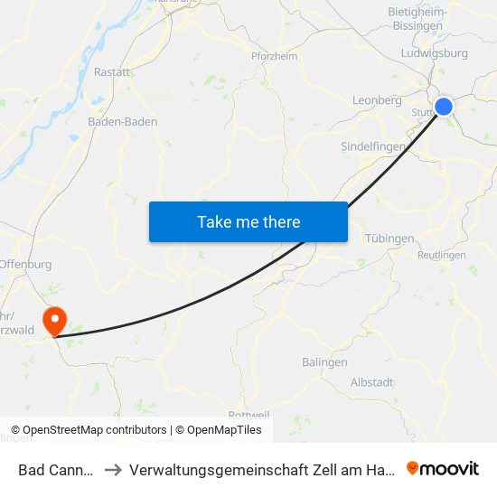 Bad Cannstatt to Verwaltungsgemeinschaft Zell am Harmersbach map