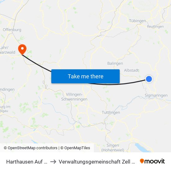 Harthausen Auf Der Scher to Verwaltungsgemeinschaft Zell am Harmersbach map