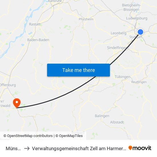 Münster to Verwaltungsgemeinschaft Zell am Harmersbach map