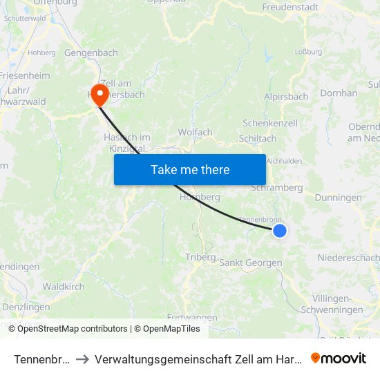 Tennenbronn to Verwaltungsgemeinschaft Zell am Harmersbach map