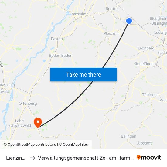 Lienzingen to Verwaltungsgemeinschaft Zell am Harmersbach map