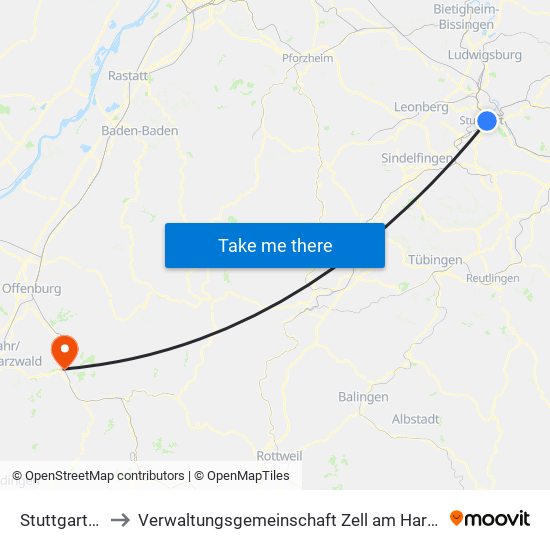 Stuttgart-Ost to Verwaltungsgemeinschaft Zell am Harmersbach map