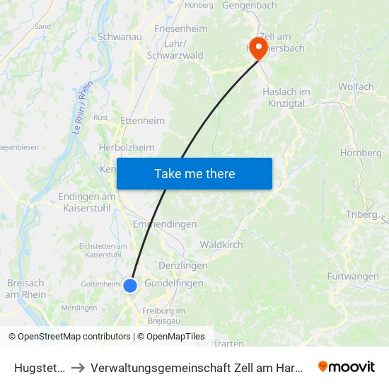 Hugstetten to Verwaltungsgemeinschaft Zell am Harmersbach map