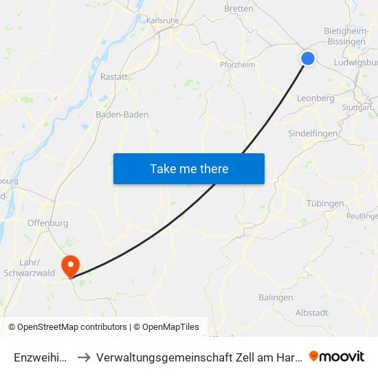 Enzweihingen to Verwaltungsgemeinschaft Zell am Harmersbach map